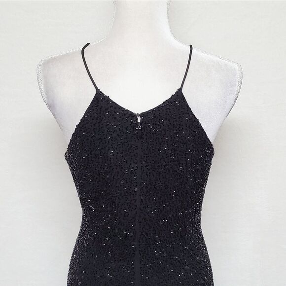 VINTAGE Marina B Black Sequin Beaded Side Slit Sleeveless Formal Maxi Dress 14 - Picture 11 of 16
